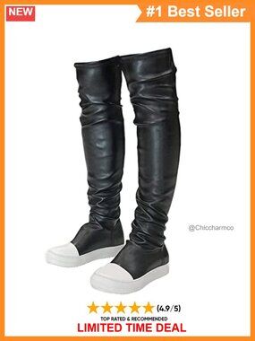 Thigh High Flat Boots Vegan PU Leather Round Toe Over The Knee